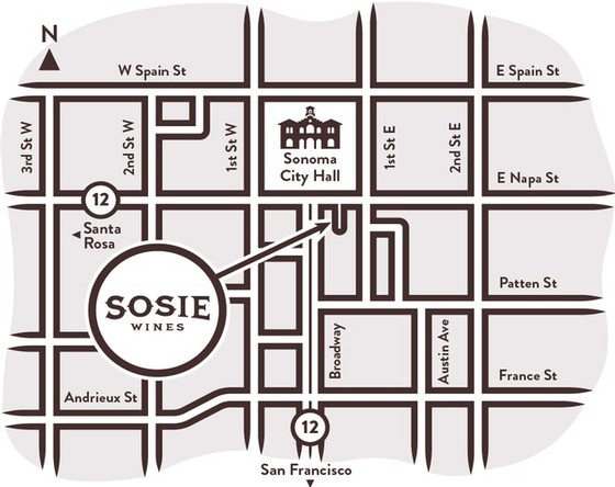 A close up map of the sonoma square showing where Sosie Wines is located.