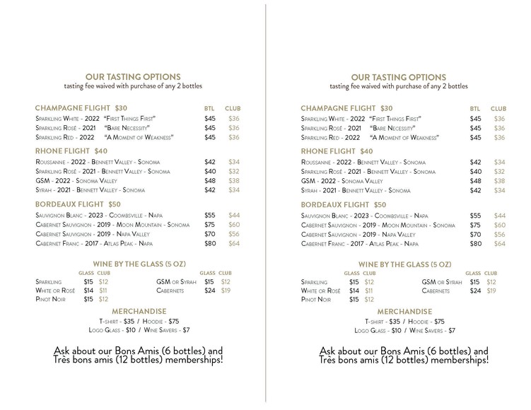 Sosie Wines 2025 Tasting Menu
