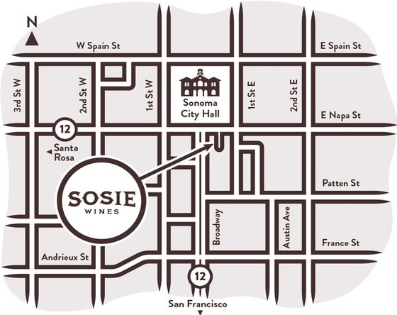 Map of downtown Sonoma showing where the Sosie Wines tasting room is located.